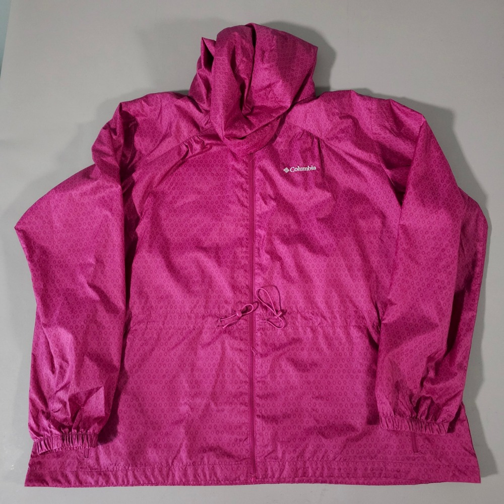 Columbia Windbreaker Jacket Womens 2X Pink Geometric Hooded Full Zip Mesh Lined